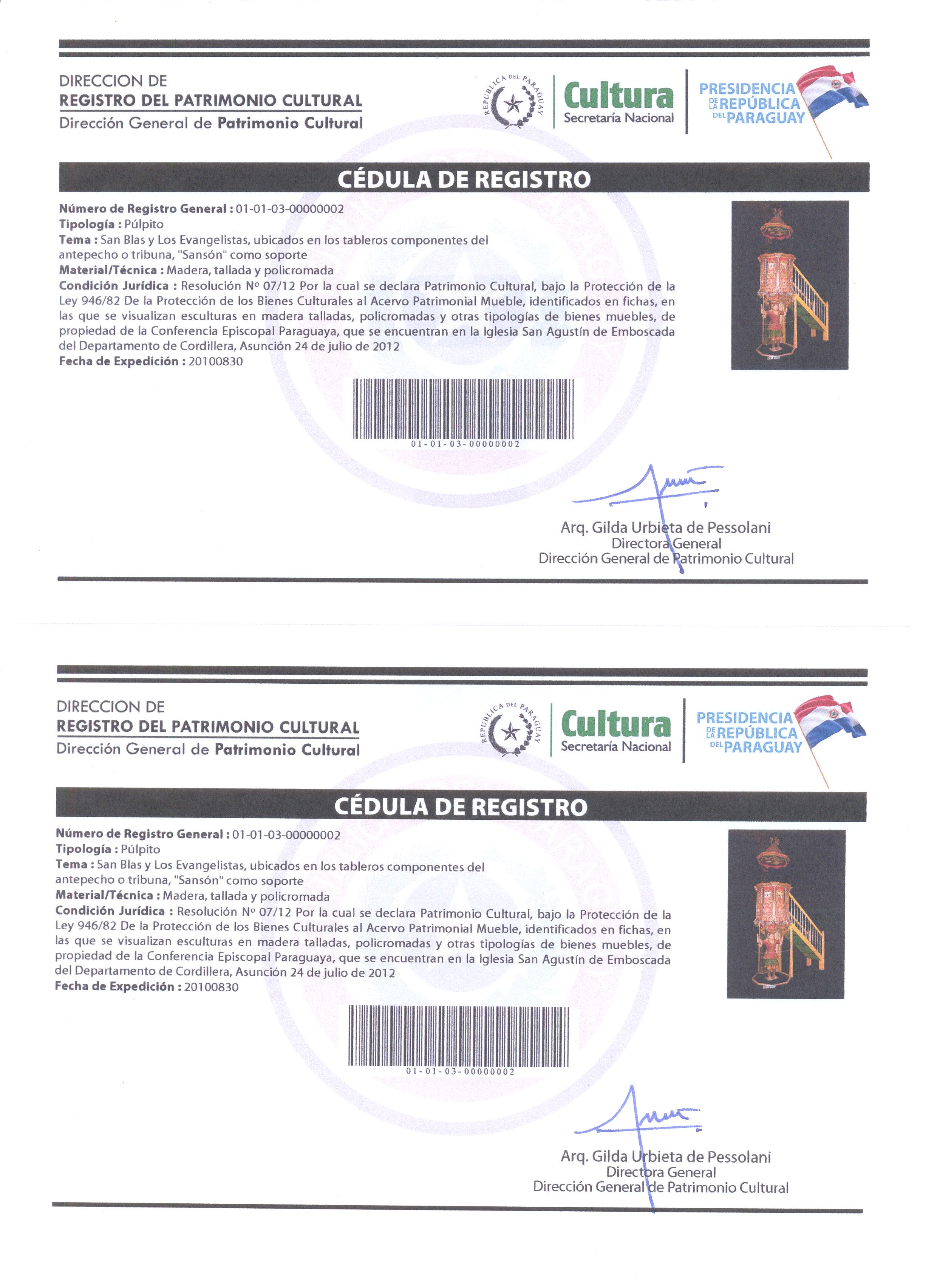 Paraguay: Emisión de la primera cédula de Registro de Patrimonio Cultural Paraguay: Emisión de la primera cédula de Registro de Patrimonio Cultural